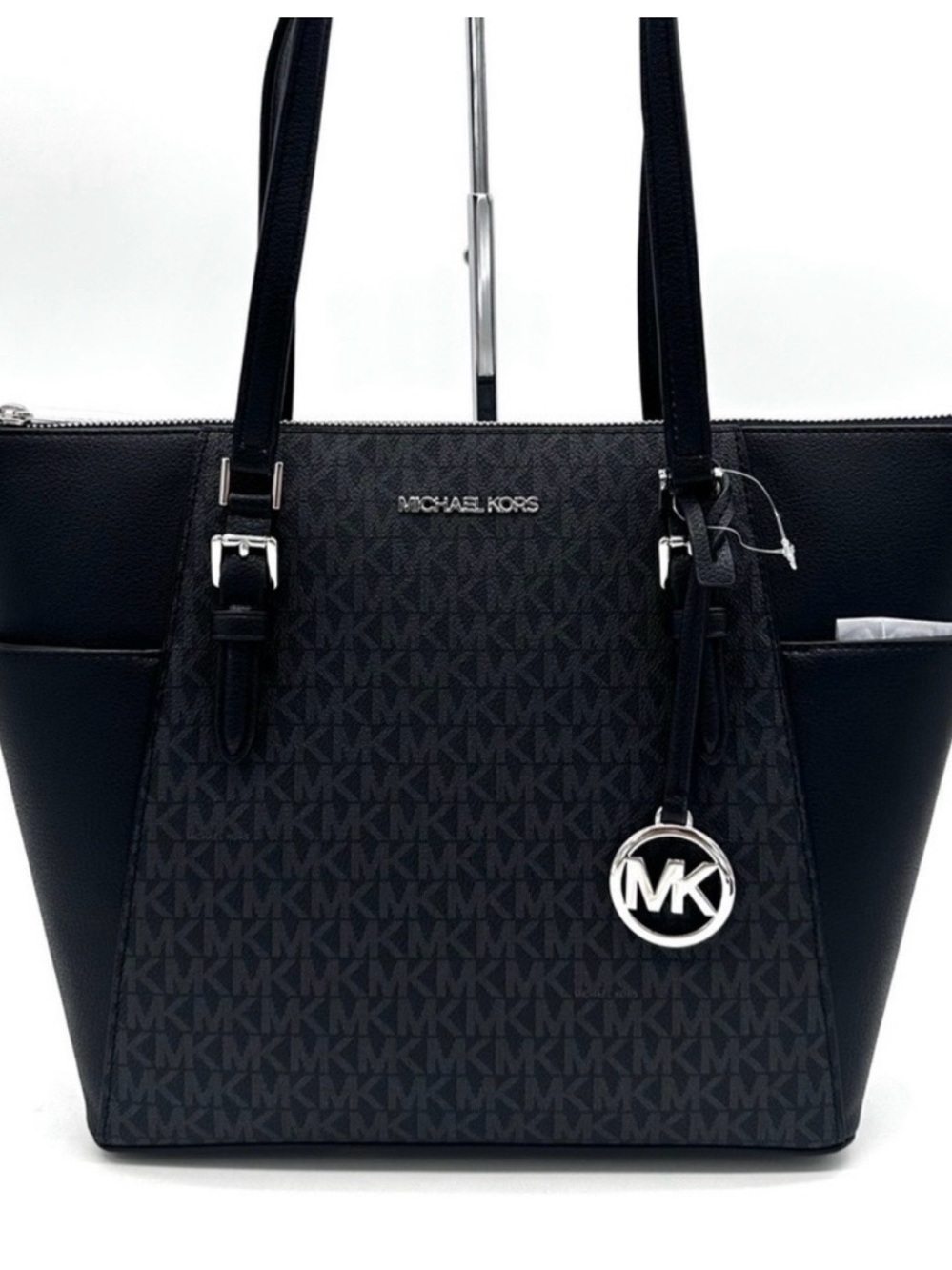 Michael Kors Charlotte Black Logo Tote with Silver MK Charm